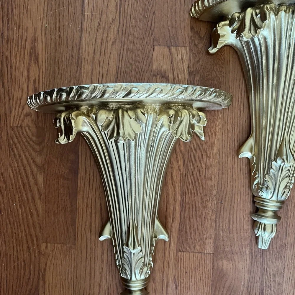Vintage gold  flute shaped  sconces, display shelves shelf, sconces